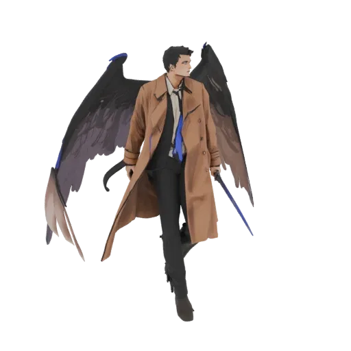 3D model of a male angel wearing a tan trench coat, black wings, and holding a blue sword, rendered against a white background.