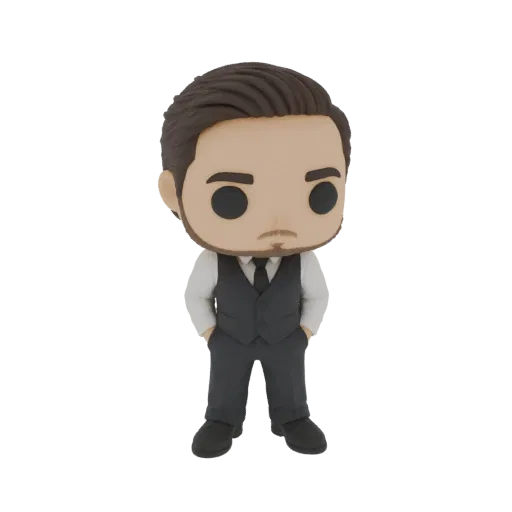 3D model of a stylized gentleman wearing a white shirt, dark tie, and grey vest, with hands in pockets.