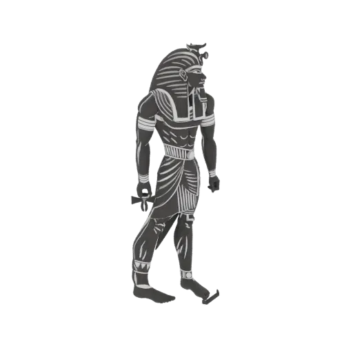 3D model render of an Egyptian Pharaoh standing in profile, wearing a traditional headdress and kilt, against a black backgro