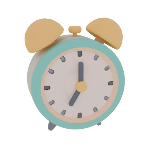 3D model of a retro alarm clock with a teal body, yellow bells, and a clock face showing approximately 7:05.