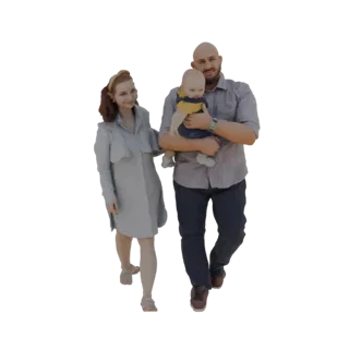 3D-Modell einer spazierenden Familie, Vater hält Baby, Mutter daneben, gerendert auf weißem Hintergrund.
