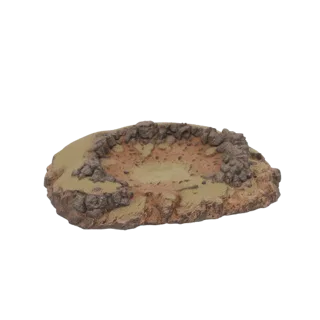 Modèle 3D d'une base de terrain de cratère accidentée avec des rochers épars et une surface sablonneuse, vue sous un léger an