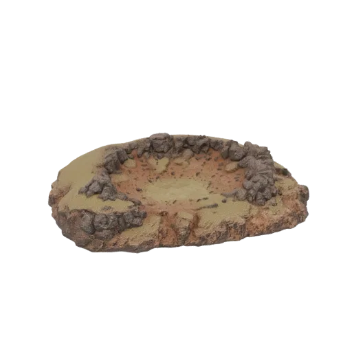 Modelo 3D de uma base de terreno de cratera acidentada com rochas espalhadas e uma superfície arenosa, visto de um leve ângul