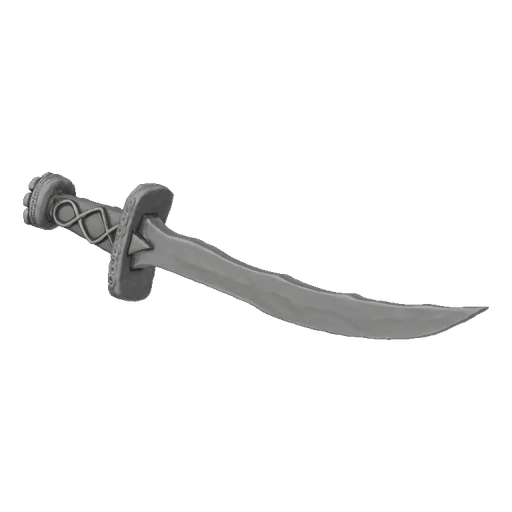 3D model of an ornate curved dagger with a detailed hilt featuring knotwork patterns and a sweeping blade, presented on a whi