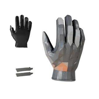 Gloves Low Poly 3D model, game viewport three-quarter view, showing metal, small wearable silhouette.