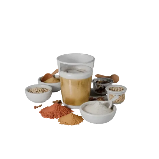 Spice Flour Bowl 3D model, three-quarter front view, AR viewer studio render, showing powders, small ingredient shapes.