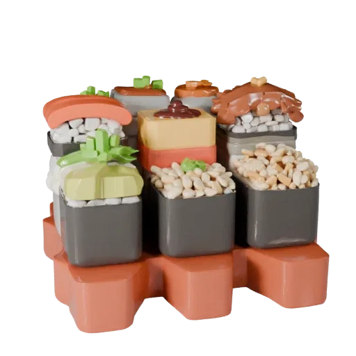 Street Food Sushi Set Printable 3D model, isometric STL render, showing sauces, plated composition.