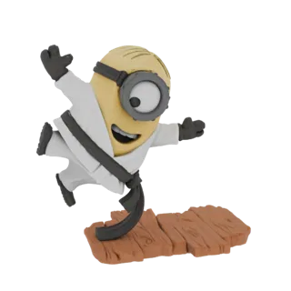 3D model of a yellow Minion character wearing a white karate gi and black belt, mid-kick on a wooden platform.
