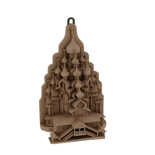 3D model of a detailed Orthodox church with multiple onion domes and a cross on top, rendered in a light brown, wood-like tex