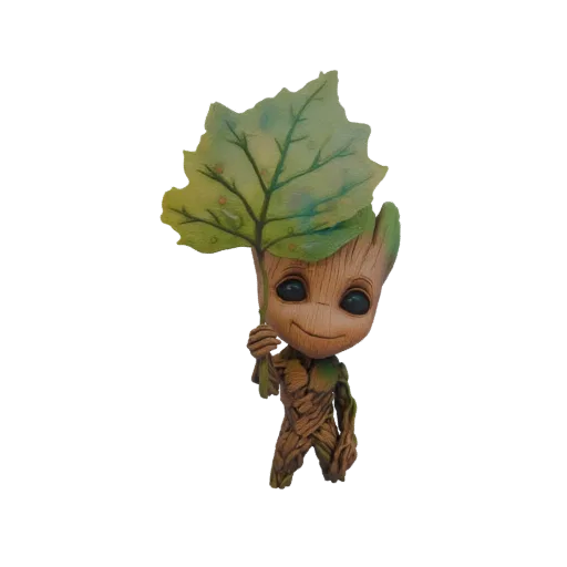 3D model of Baby Groot, a small tree-like creature, holding a large green leaf over his head as an umbrella.