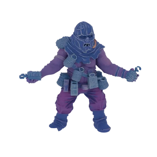 3D model of a sci-fi soldier in purple and blue, holding two pistols and wearing tactical gear and a helmet.