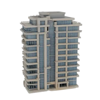 Modello 3D di un moderno edificio di appartamenti high-rise con facciata centrale in vetro e numerosi balconi aggettanti, ren