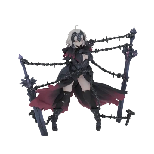 3D model of a dark sorceress figure with white hair, a mask, dark clothing, and chains, standing against a dark background.