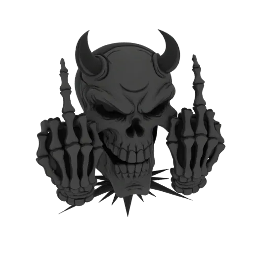 3D model of a dark, menacing demonic skull with horns and skeletal hands giving the middle finger, set against a white background.