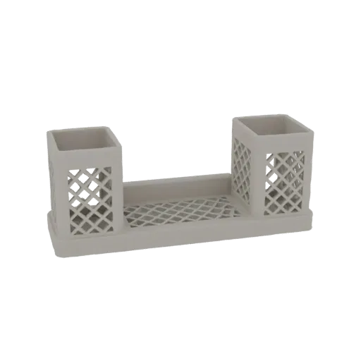 Modelo 3D de una bandeja organizadora de escritorio moderna con dos compartimentos cuadrados de enrejado sobre una base perfo