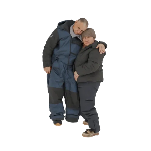 3D model of two men in winter overalls, one with an arm around the other, in a close embrace.