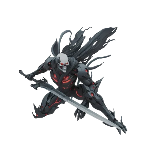 3D model of a cybernetic skeleton warrior with red glowing eyes, dark armor, and a sword, posed for action.