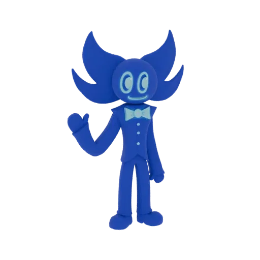A 3D render of a friendly blue character wearing a suit and bowtie, waving with one hand.