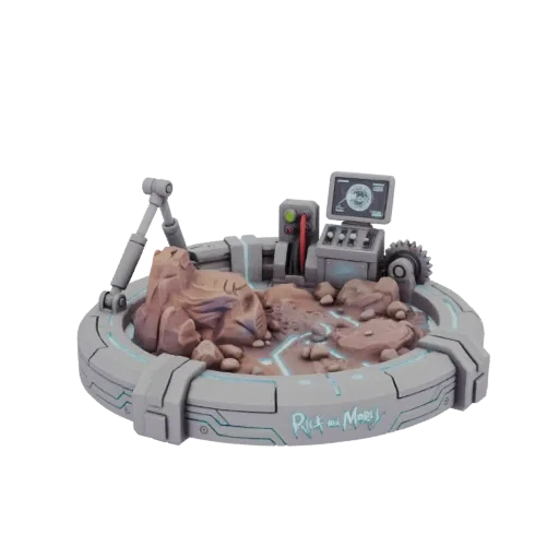 3D model of a Rick and Morty laboratory diorama with rocky terrain, control panels, and glowing blue lights.