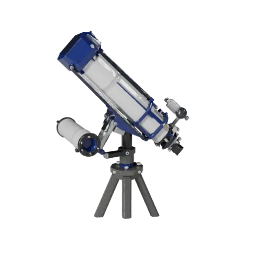 Research Star Tracker Low Poly 3D model, game viewport three-quarter view, showing metal tubes, optical alignment.