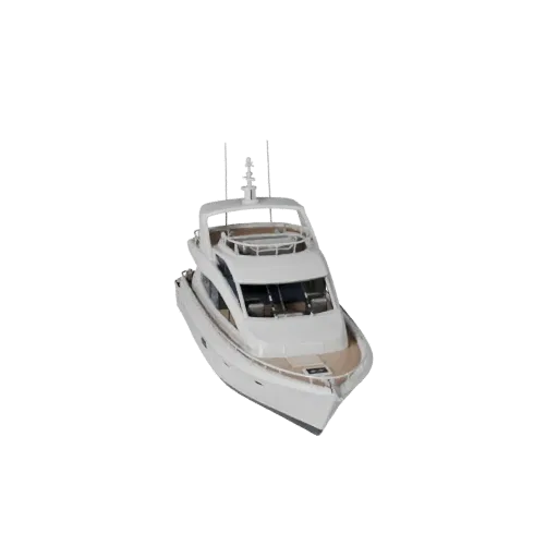 Modelo 3D de yate, vista de juego de tres cuartos, activo de vehículo listo para Unreal Engine con forma de casco, distribuci