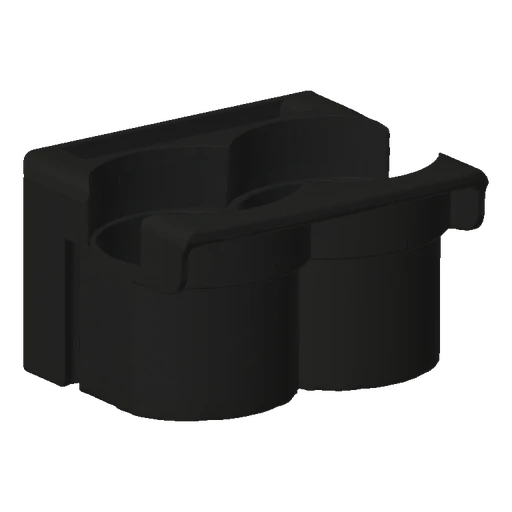 A 3D render of a modular black desk organizer with two integrated cup holders and multiple compartments for office supplies.