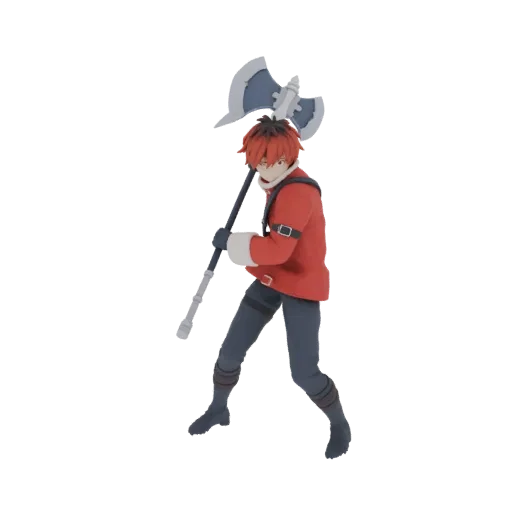 3D-Modell eines Anime-Kriegers mit roten Haaren, roter Jacke und dunkler Hose, der eine große Doppelaxt in dynamischer Pose h