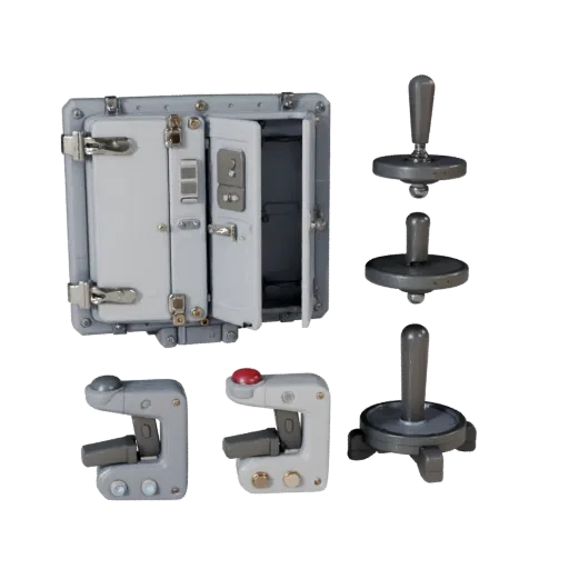 Modern Control Lever Modular 3D model, isometric modular kit view, showing metal hinges, clear interaction affordances.