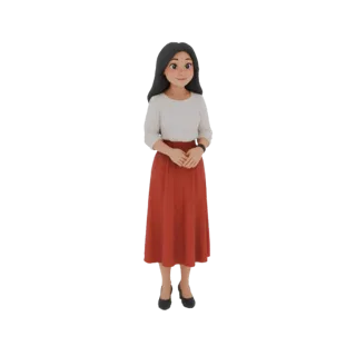 3D model of a woman with dark hair, wearing a white long-sleeved top and a red A-line skirt, standing with hands clasped.