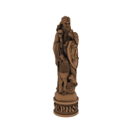 3D model of Odin as a chess piece, featuring a crown, beard, skull staff, shield, wolf, and raven at the base.