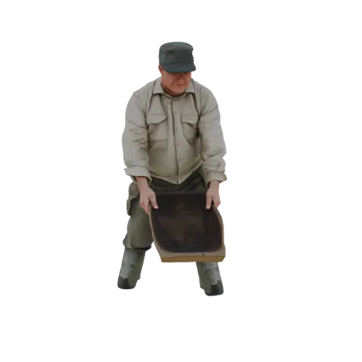 3D model of a miner wearing a cap and work clothes, holding a sieve in his hands, isolated on a black background.