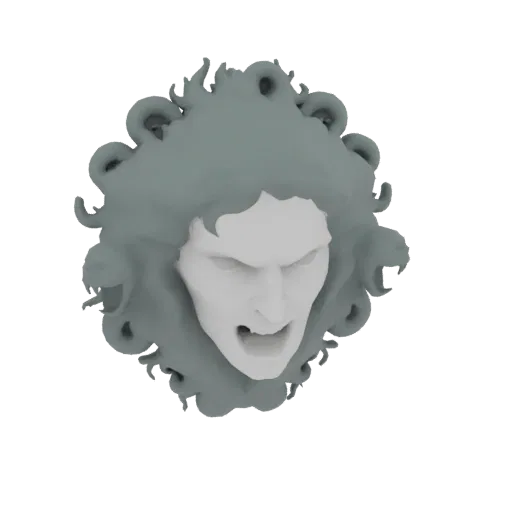3D model render of Medusa's head with a furious expression and hair made of intertwined snakes.