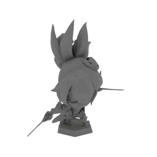3D model of a chibi warrior character with large head, holding two swords, in a dynamic pose, rendered in gray.