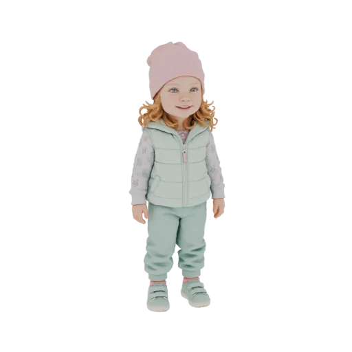 3D-Modell eines Kleinkind-Mädchens mit roten lockigen Haaren, trägt eine pinke Mütze, eine mintgrüne Daunenweste und passende