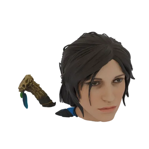 Modèle 3D de la tête et de la hache emblématique de Lara Croft, rendu sur fond blanc.