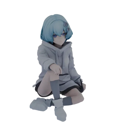 3D model of an anime girl with blue hair and a grey hoodie, sitting down with a relaxed expression.