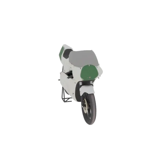 3D-Modell eines vintage weiß-grünen Rennmotorrads, von vorne betrachtet.