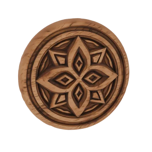 3D model of a circular wooden ornament with intricate geometric carvings and a natural wood texture.