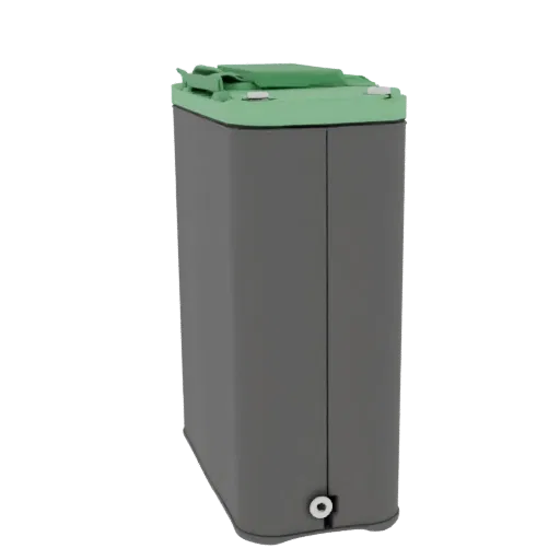 3D model of a gray rectangular electronics enclosure with a green lid, side view