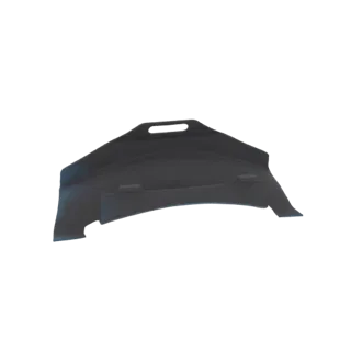 Renderização 3D de um escudo curvo cinza escuro com alça proeminente, apresentado em fundo branco.