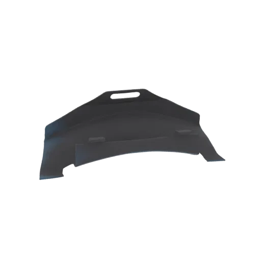 3D render of a dark gray curved shield with a prominent handle, presented on a white background.