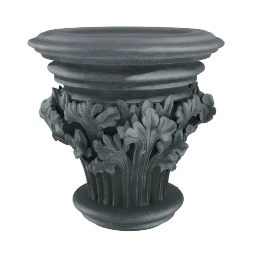 3D model of a classical Corinthian capital with detailed acanthus leaves and volutes, rendered in a neutral gray tone.