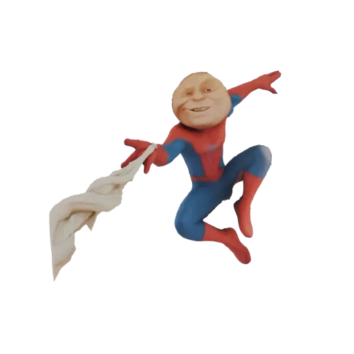 Modello 3D di Humpty Dumpty vestito da Spiderman, in posa dinamica con un filo di ragnatela.