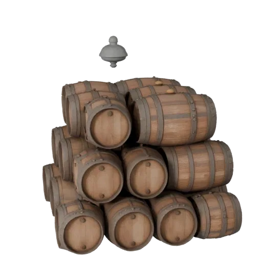 Modèle 3D réaliste de Tonneau Vieilli, rendu studio trois-quarts, montrant des planches de bois, masse empilable.