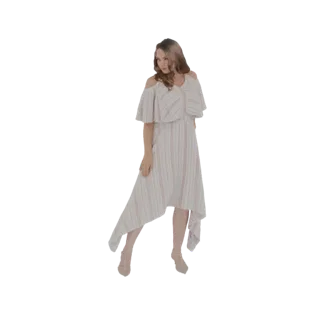 Modelo 3D de mulher com vestido midi listrado branco e rosa ombro a ombro com bainha assimétrica.