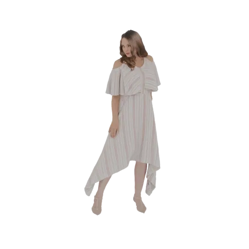 3D model of a woman wearing a white and pink striped cold shoulder midi dress with an asymmetrical hem.