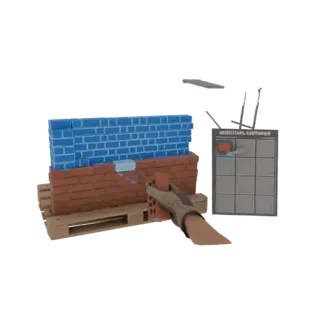 3D model of a VR construction simulator scene showing a hand placing a brick on a wall, with tools and an inventory panel in