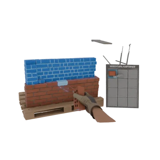3D model of a VR construction simulator scene showing a hand placing a brick on a wall, with tools and an inventory panel in