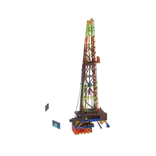 A 3D model of a tall, multi-colored oil rig tower with intricate lattice structures and platforms, set against a white backgr