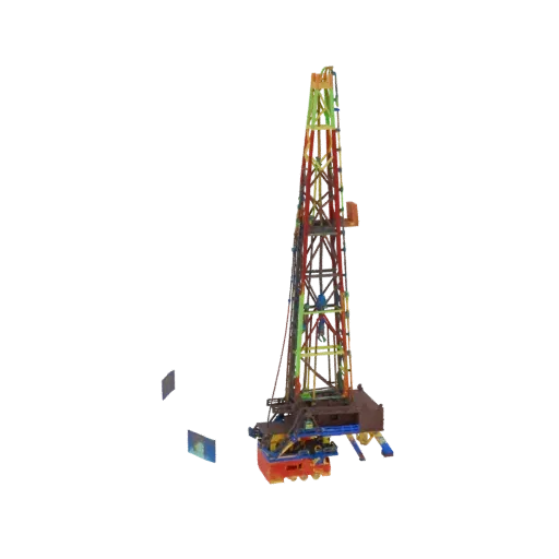 A 3D model of a tall, multi-colored oil rig tower with intricate lattice structures and platforms, set against a white backgr